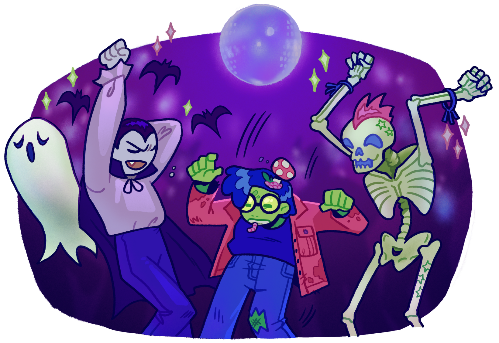 ghost, vampire, zomvi and a skeleton dancing under a disco ball.